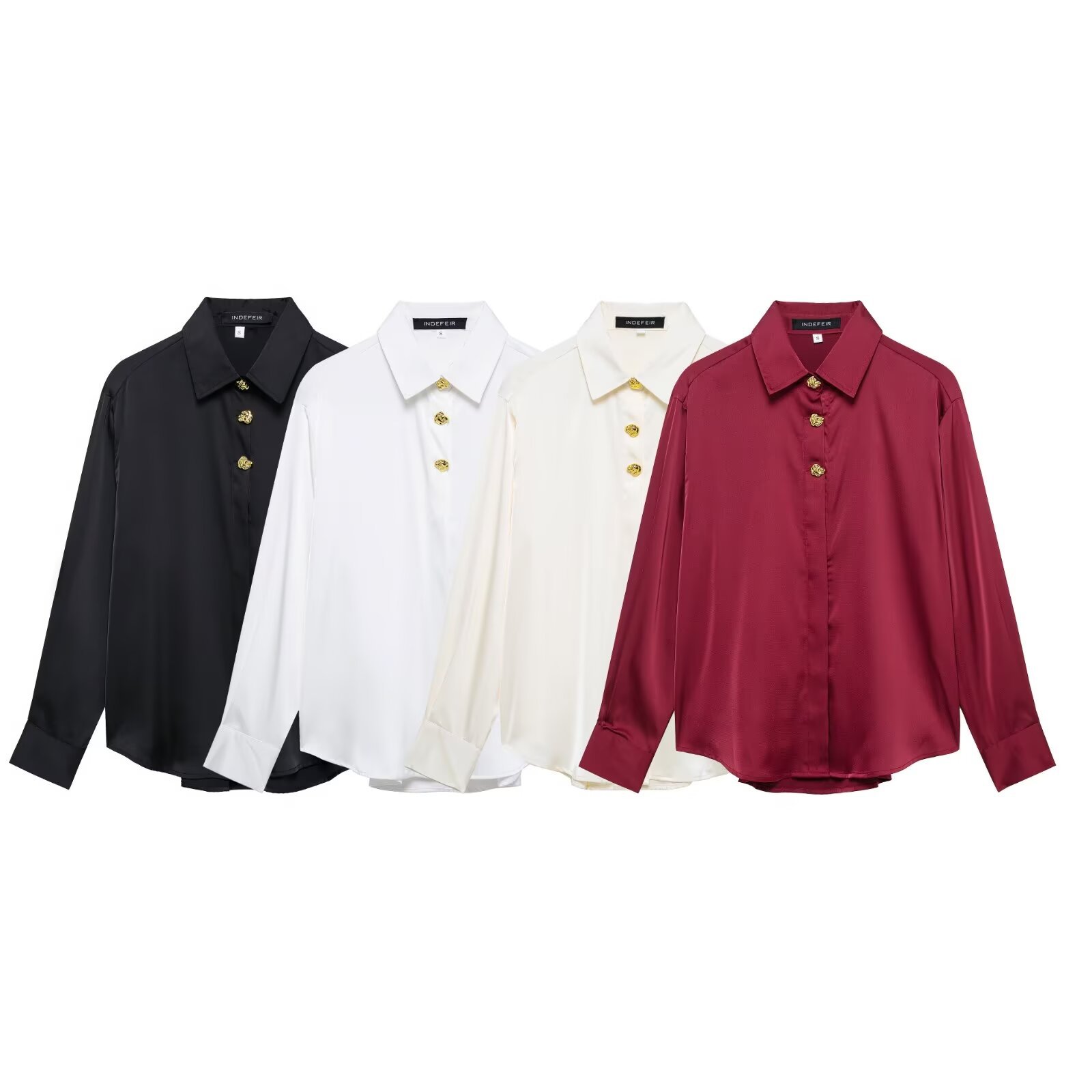 ZA cross-border women's clothing wholesale European and American style early spring new metal buckle silk satin texture long sleeve shirt 2138748