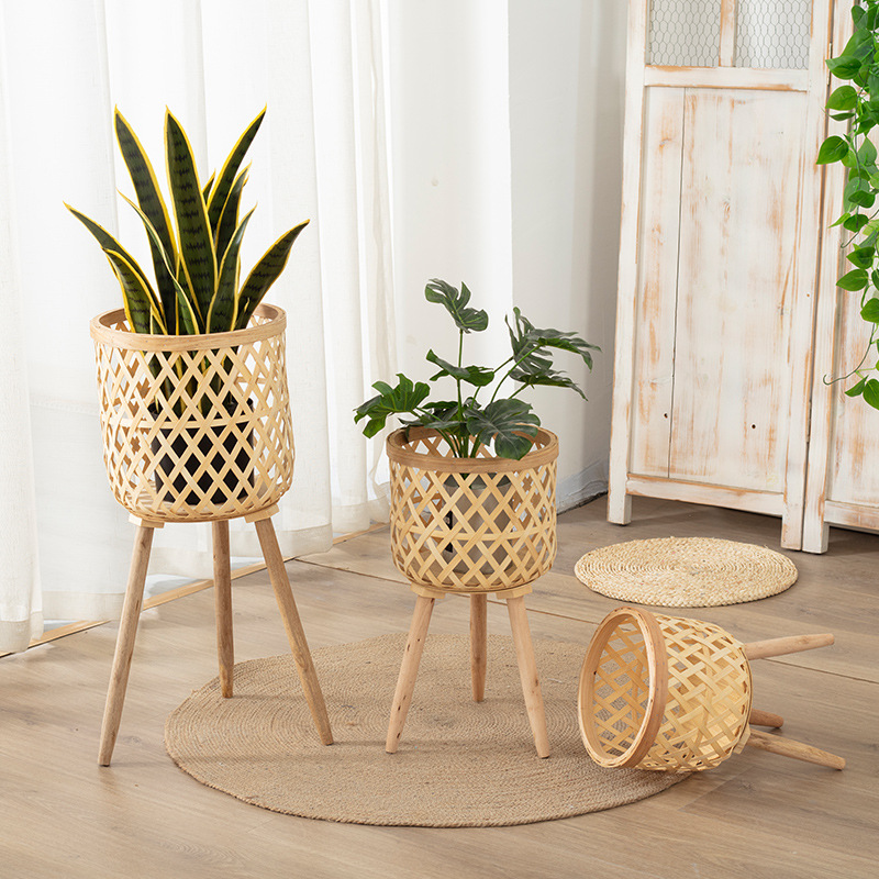 Wholesale Nordic Creative Rattan Bamboo Straw Flower Basket Wooden High Flower Stand Floor-Standing Indoor Living Room Decoration Pothos