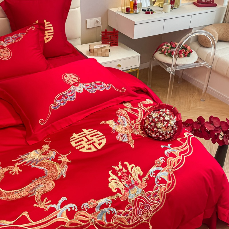 Picture of Chinese-style High-grade Wedding Four-piece Set Big Red Embroidered Wedding Dowry Quilt Cover Bed Sheet Newlywed Wedding Room Bedding