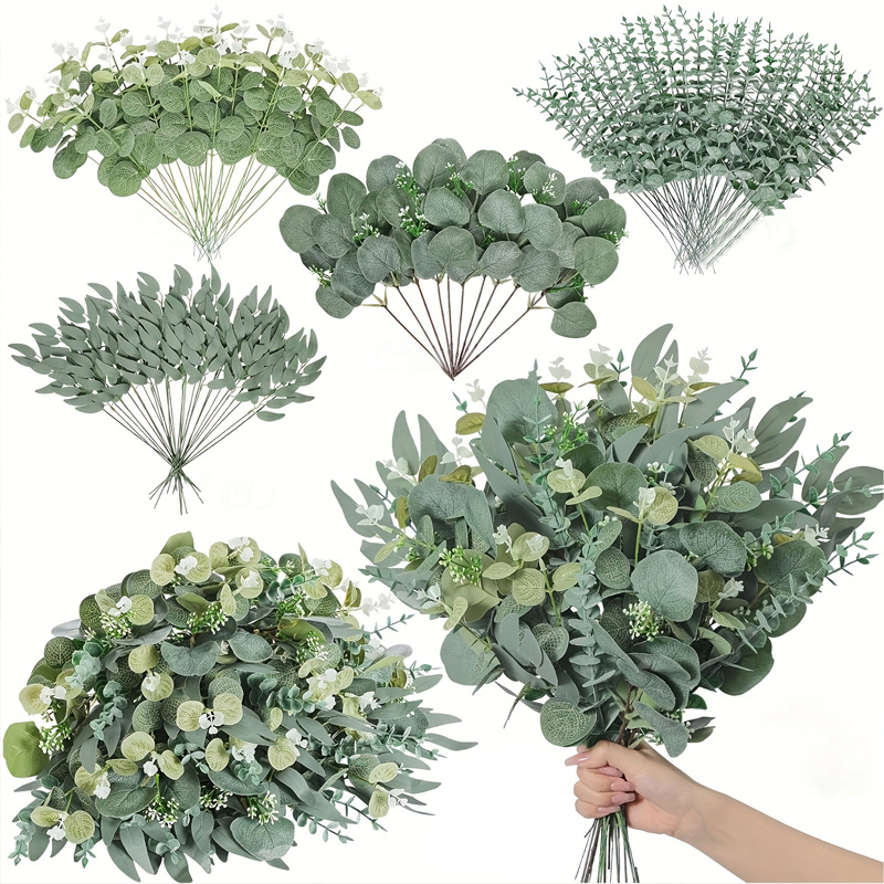 Picture of Amazon Cross-Border Artificial Flower Artificial Eucalyptus Leaf Stem Short Silver Dollar Branch Decorative Leaf Simulated Green Plant Plastic Leaf