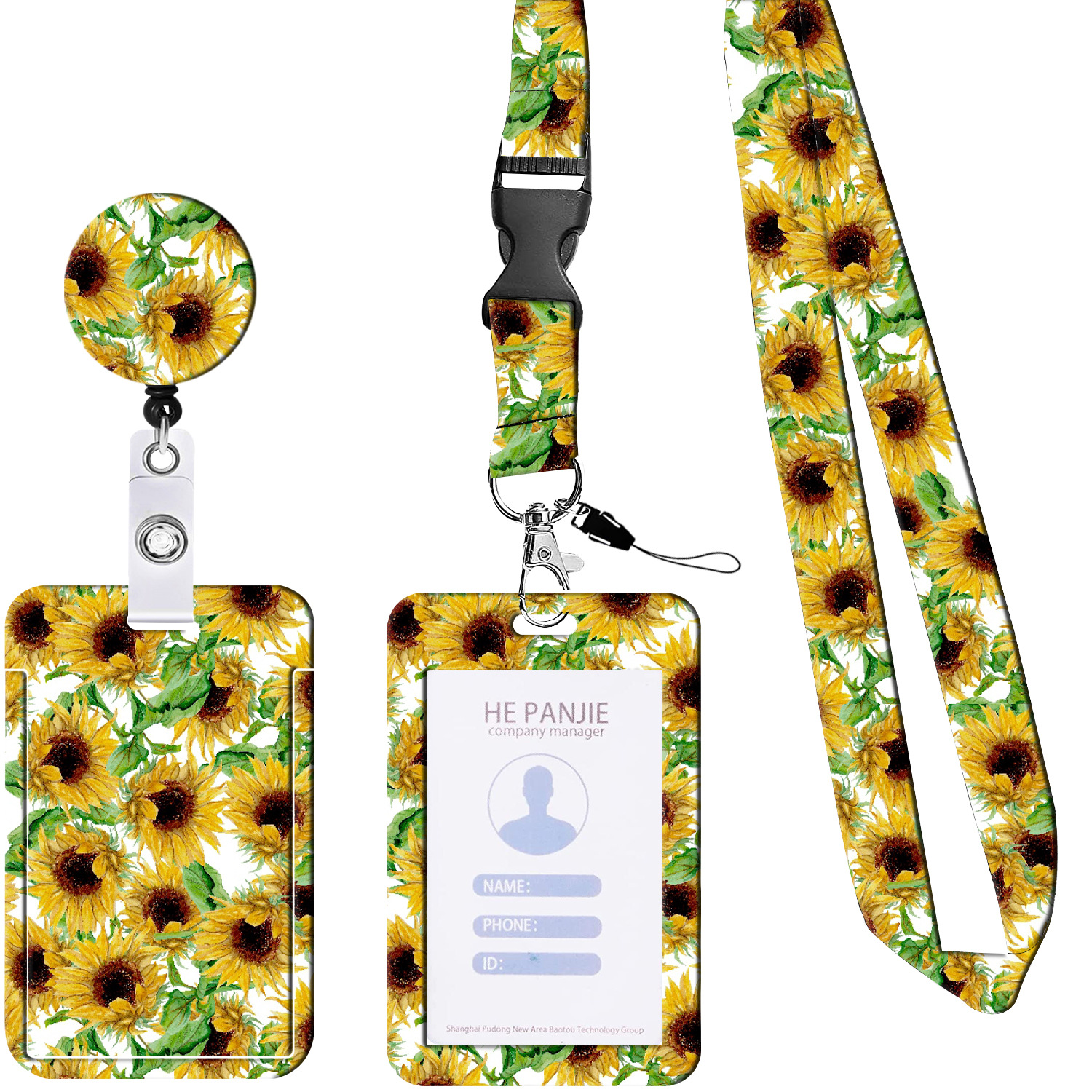 Picture of Amazon Hot Sale Floral Sunflower Sunflower Lanyard Card Case ID Buckle Easy Pull Buckle Telescopic Easy Pull Set