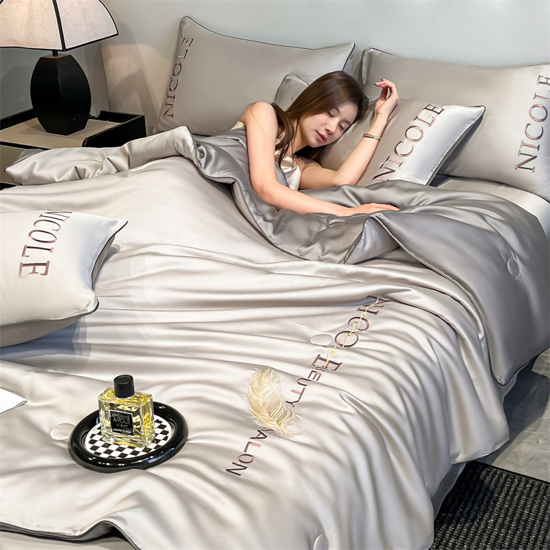 Picture of Washed Ice Silk Summer Quilt Four-piece Solid Color Embroidered Cool Air Conditioned Quilt Summer Gift Summer Quilt Summer Thin Quilt