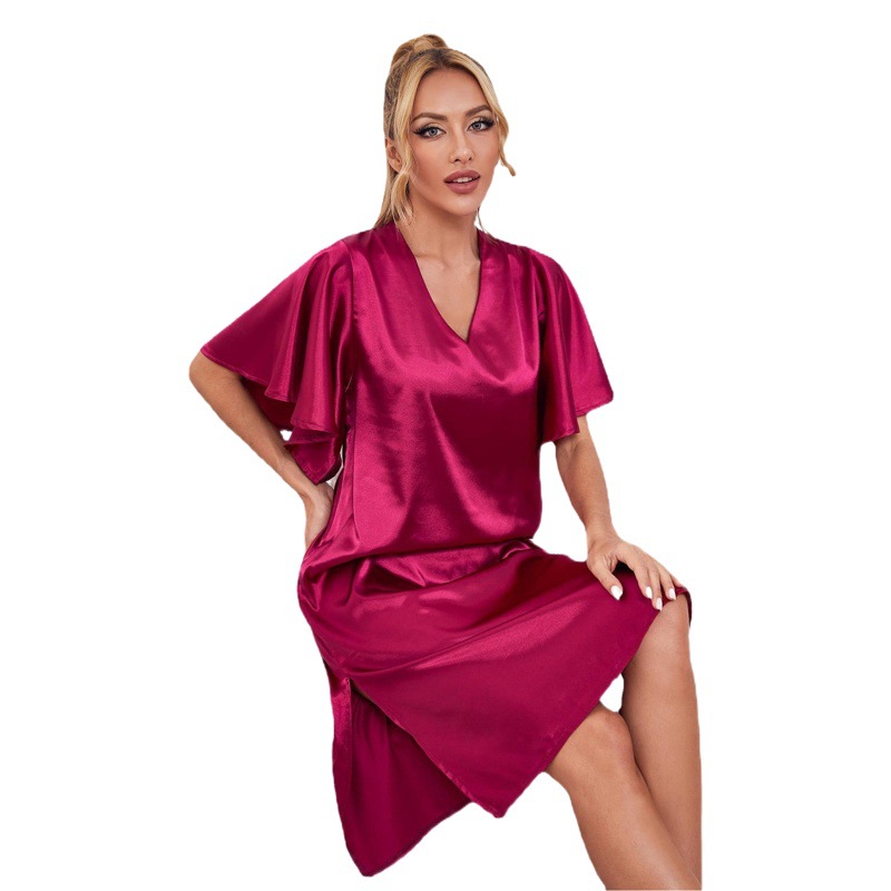 European and American Cross-Border Pajamas for Women in Summer, High-End Ice Silk Sexy Home Clothes, Short-Sleeved Nightgown for Women, Galaжама