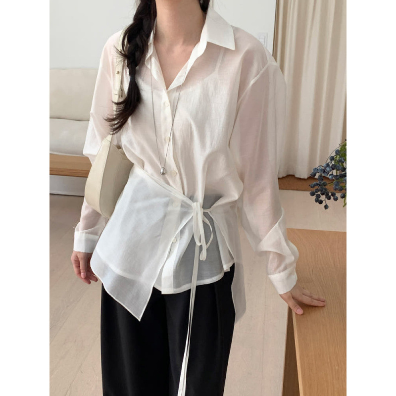 South Korea chic pre-autumn new French design sense irregular button-down lapel long sleeve shirt drapery two-piece women's set