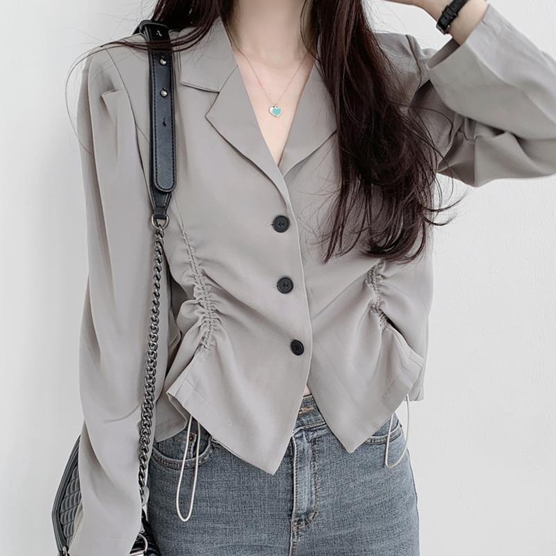 Korea 2024 Autum Simple Elegant Lapel Three-Button Drawstring Waist Slimming Look Long-Sleeved Suit Jacket Top for Women