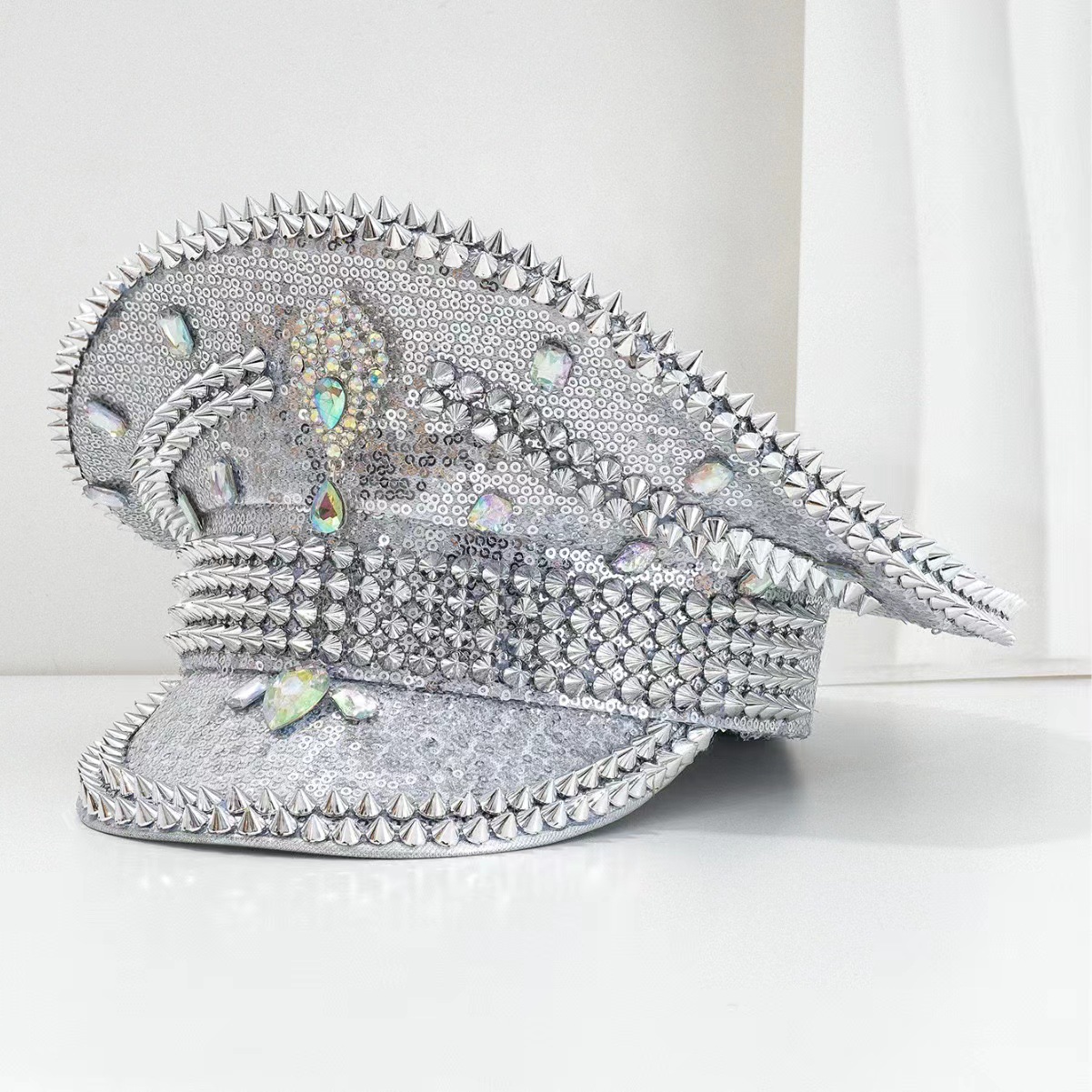 Picture of Cross-Border Rhinestone Navy Hat Outdoor Y2K Autumn Hat Women's Large Head Circumference Rhinestone Warm Hat Party Newsboy Hat