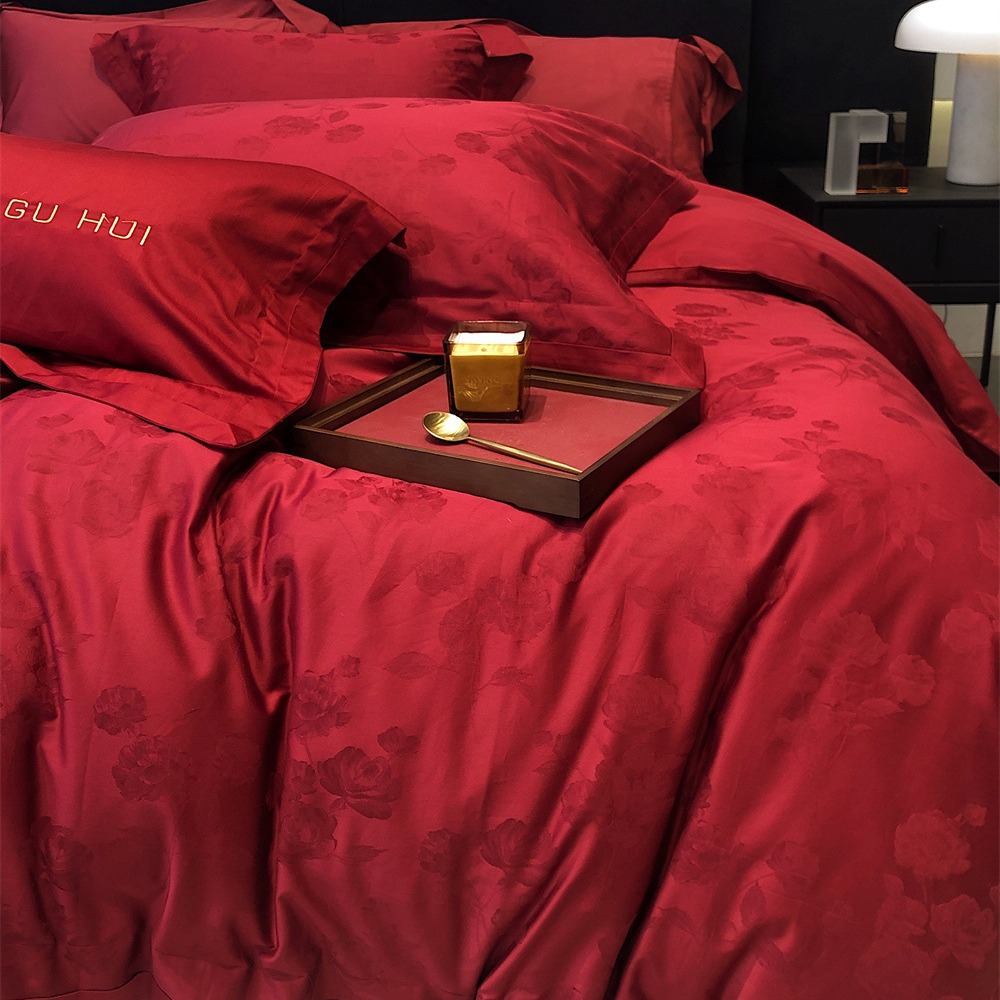 New Chinese-Style Long-Staple Cotton Wedding Bedding Four-Piece Set, Pure Cotton Red Jacquard Duvet Cover for Wedding Celebrations