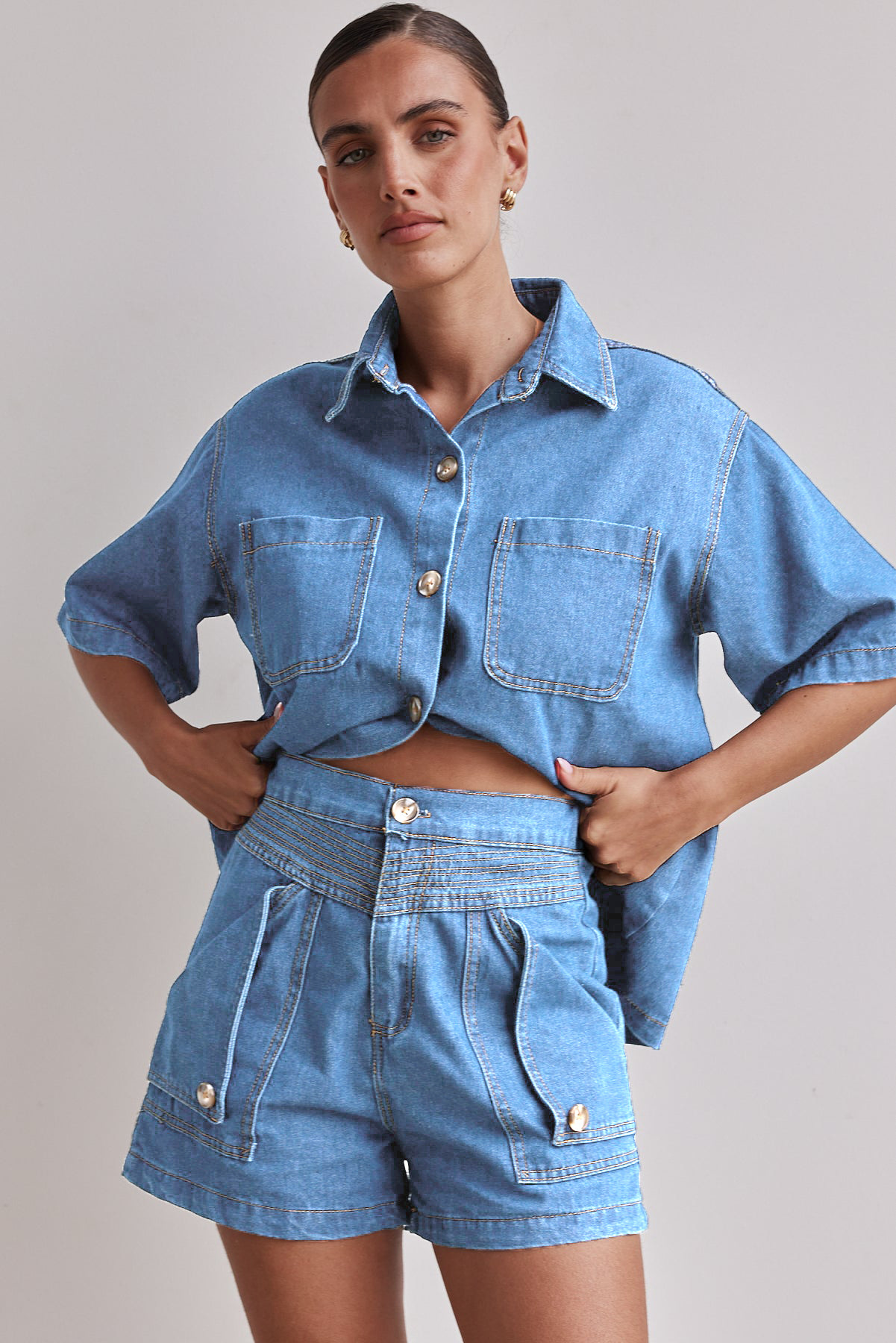 Picture of Amazon Foreign Trade Cross-border 2025 Summer European and American Women's Casual Retro Loose Shirt Denim Shorts suit