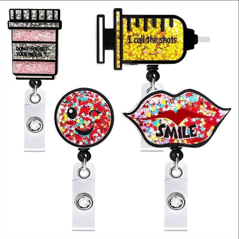 Picture of Acrylic Hollow Sand Easy Pull Buckle Cartoon Smiley Needle Retractable Rotating Easy Pull Badge Reel