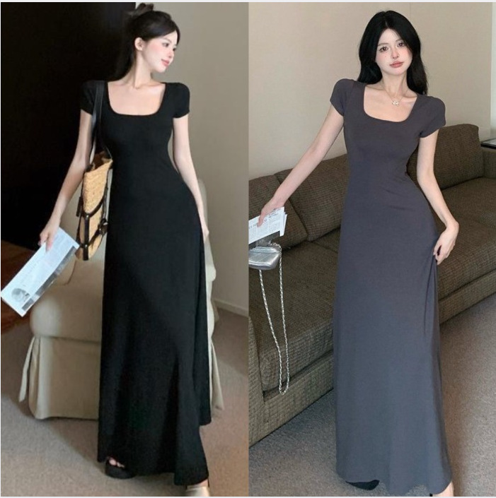 2025 Korean Style Summer Tea Break French Square Neck Short-Sleeved Slim Waist Elegant A-Line Dress Long Skirt