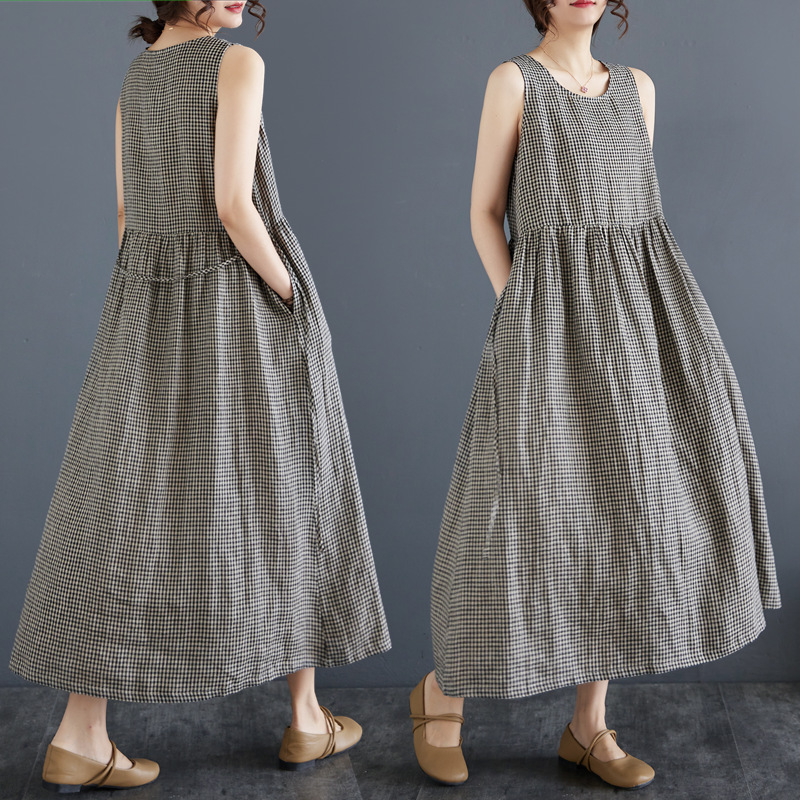 Real shot 2024 summer cotton and linen plaid vest skirt with round neck sleeveless bottoming plus size dress dress a summer women