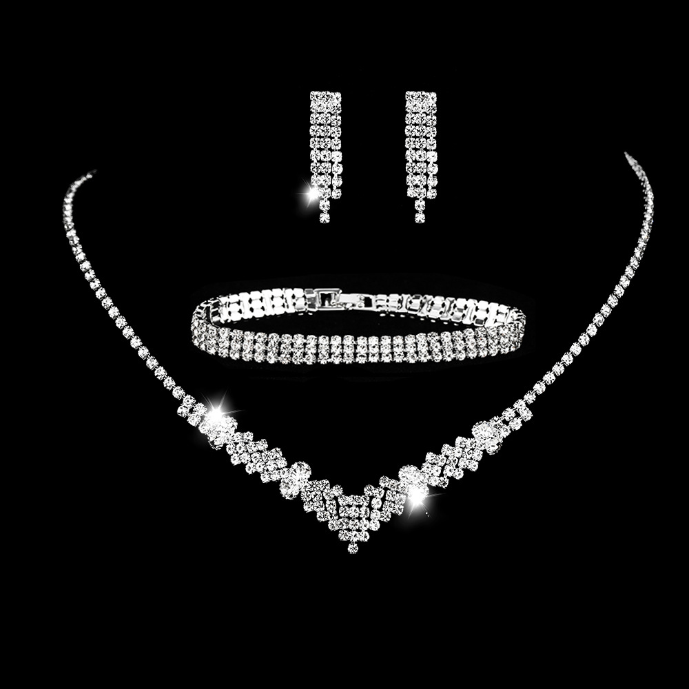 Amazon Hot Sale Wedding Wedding Necklace Simple Shiny Water Diamond Earrings Necklace Bracelet Jewelry