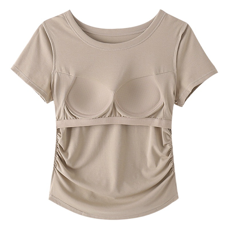 Women's summer T-shirt with chest pad top round neck solid color cotton hem pleated waist slimming short sleeve T-shirt simple