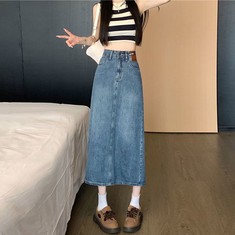 Half-length Denim Skirt Women's Thin Ins Trendy Niche Design Leather Brand High Waist Cyber Celebrity Hip Back Split A- Line Mid-length Skirt