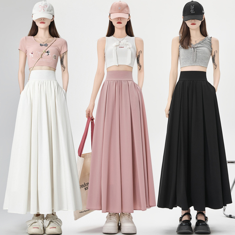 Real Pat Pink Abdominal High Waist A- Line Skirt Women's 2024 Summer First Love Pleated Skirt Draped Long Skirt Umbrella Skirt