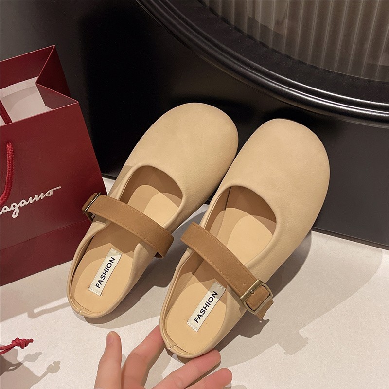 Soft Leather Version ~ Baotou Half Slippers for Women's Outer Wear 2024 Summer Style French Soft-Soled Pregnant Women's Slip-On Flats Sandals