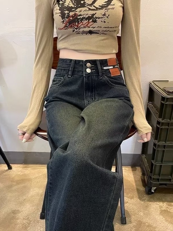 High waist jeans Women's New 2023 popular loose straight pants autumn and winter narrow wide leg long pants fashion