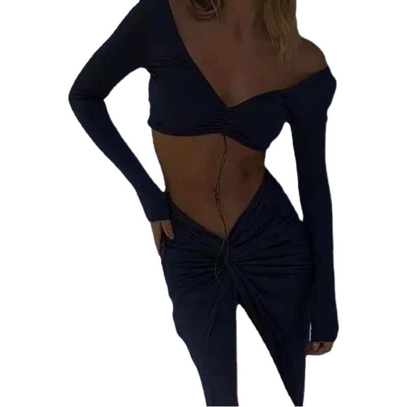 European and American women's clothing summer new sexy slim V-neck drawstring navel dress high slit skirt two-piece set