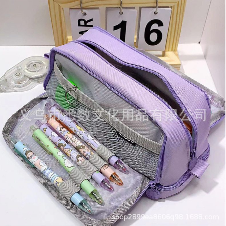 Picture of in stock Double Open Canvas Pencil Bag Wholesale Multi-layer Large Capacity Student Junior High School Student Pencil Case Multifunctional Simple Stationery Bag