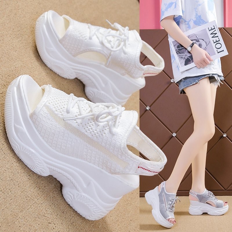 Cross-border Wedge Fishtoe Sandals Women's Platform Sporty Sandals High Heeled Breathable Mesh Height-increasing Casual Large Size Sandals