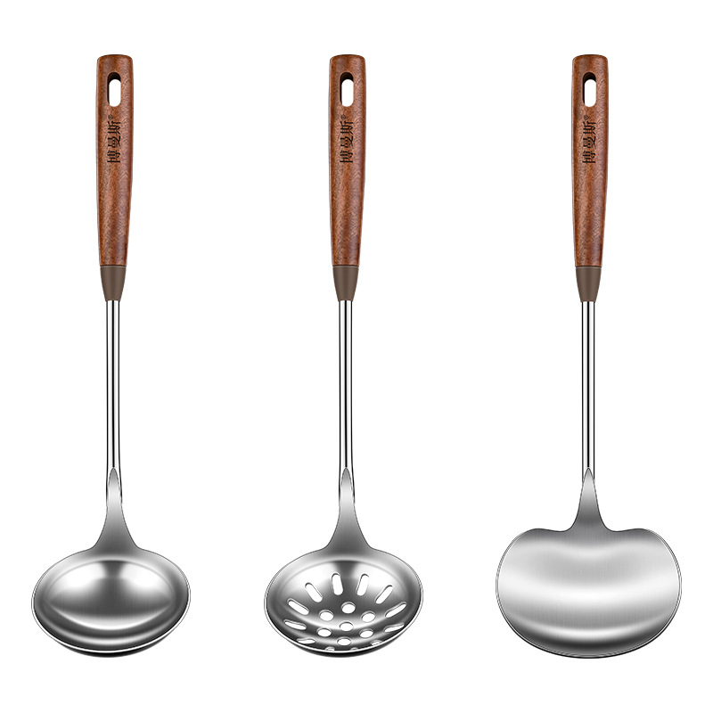 Picture of Ebony 304 stainless steel spatula food grade household stir-fry spatula spatula wooden handle kitchenware spatula spoon suit