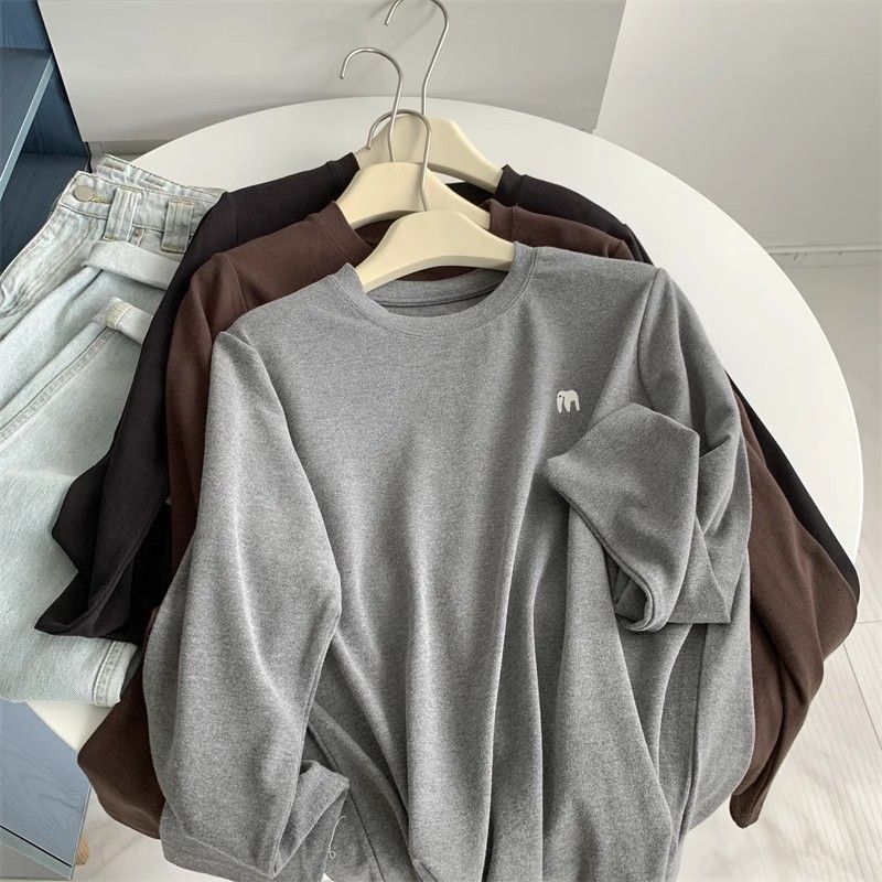 Double-sided Velvet Sanding Elephant Embroidered Crewneck Long-sleeved T-shirt Women's Autumn and Winter Loose White Thickened Base Shirt