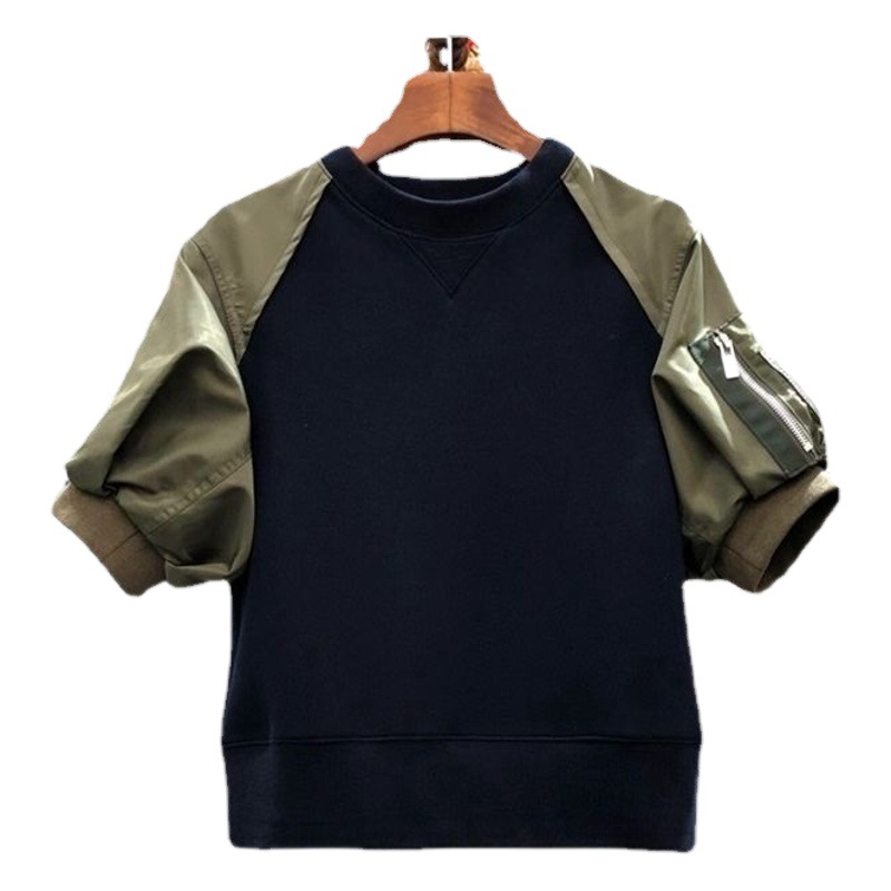 Spot 2023 early autumn European and American new women's simple contrast color bubble sleeve stitching sweater fashion versatile top