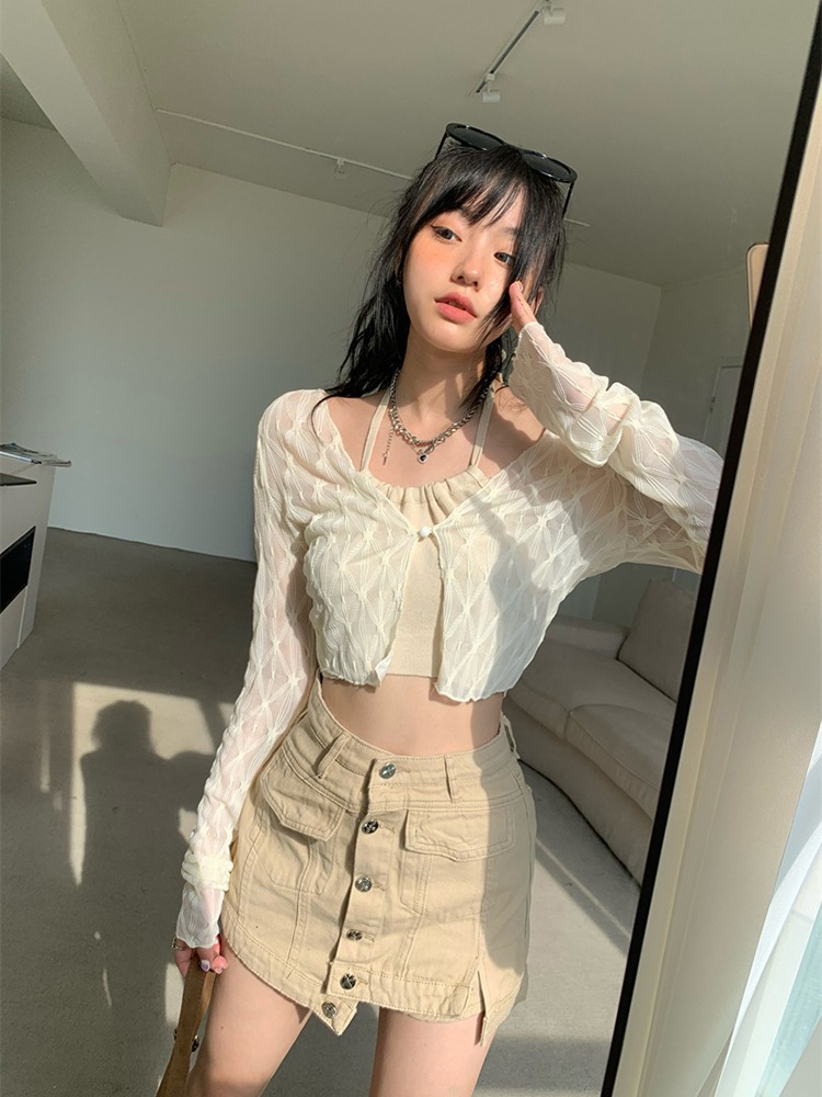 Picture of American-style sweet and spicy mesh shirt women's summer new outer cardigan thin pure style slim-fit short long-sleeved top