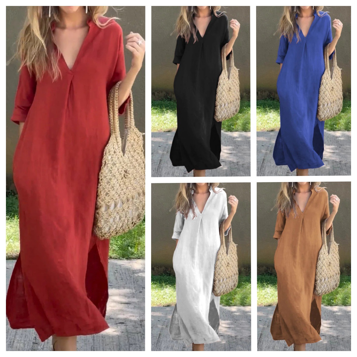 Picture of Amazon independent station cross-border cotton and linen women's summer explosions on both sides of the slit V-neck 7 sleeve chest pleated dress