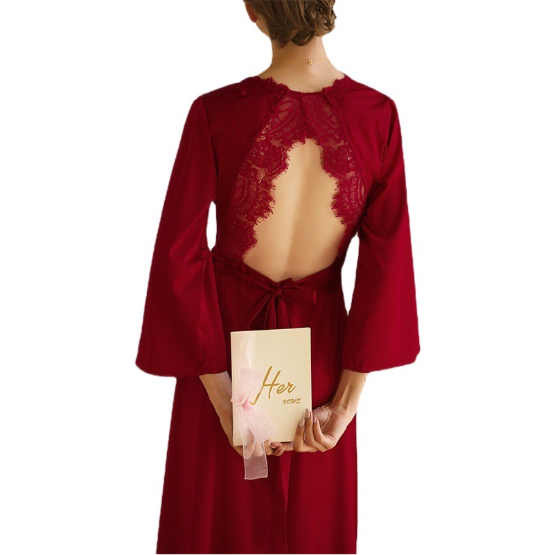 Wedding Morning Gown Female Bride Bridesmaid Ice Silk Long Nightgown Spring and Autumn Wedding Red Pajamas Bathrobe Home Clothes