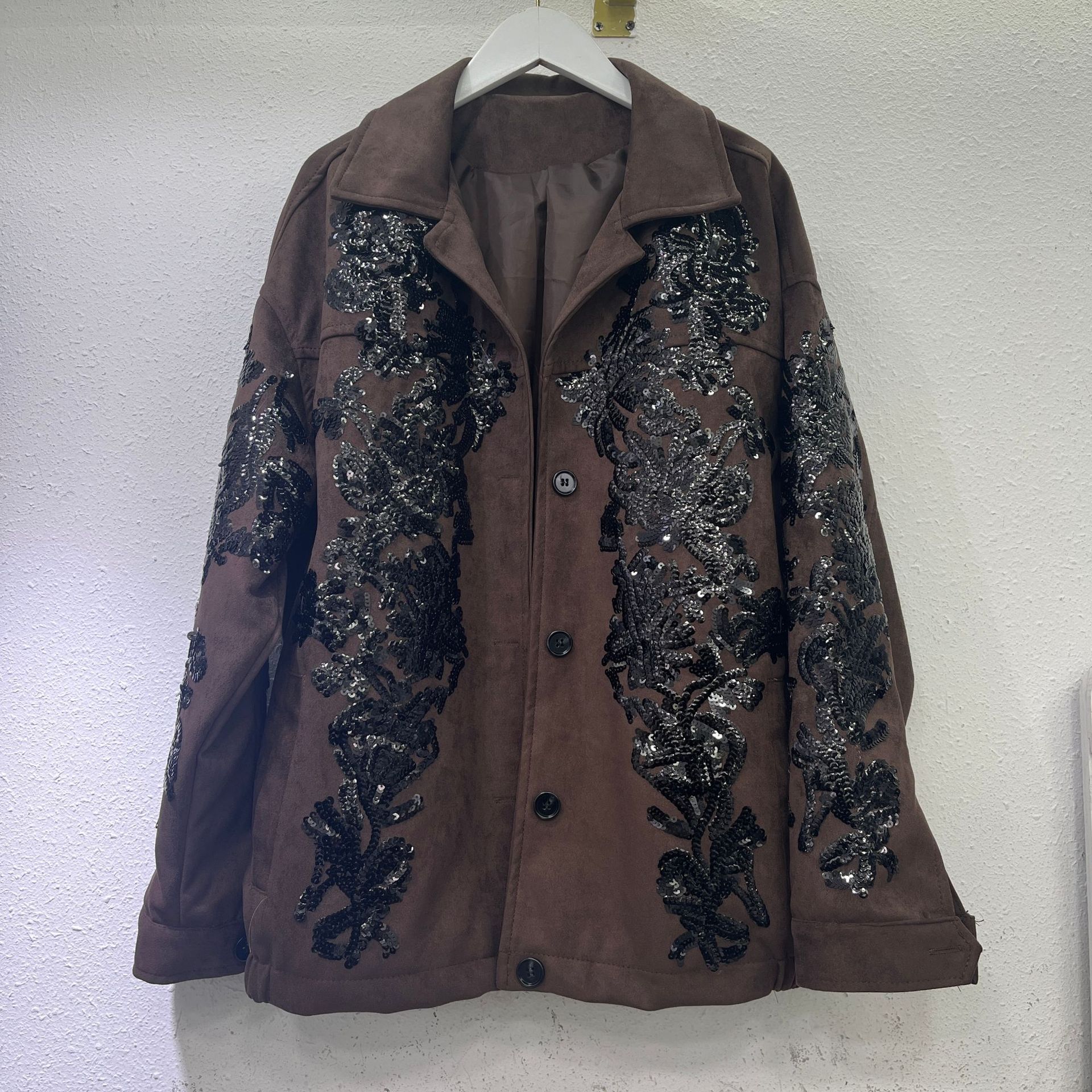 Brown Top Women's 2024 New Cool Sa Style Heavy Industry Sequins Embroidered Biker Leather Fleece Jacket Coat