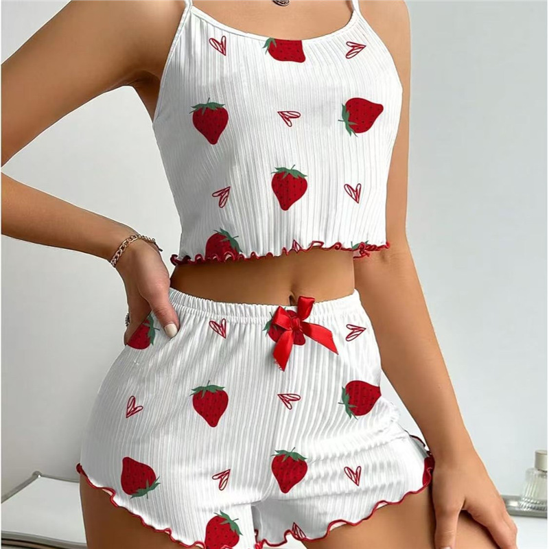 European and American Cross-Border Strawberry Heart Print Pit Strip Suit Women's Suspender Shorts Suit Two-Piece Set Sweet and Cute
