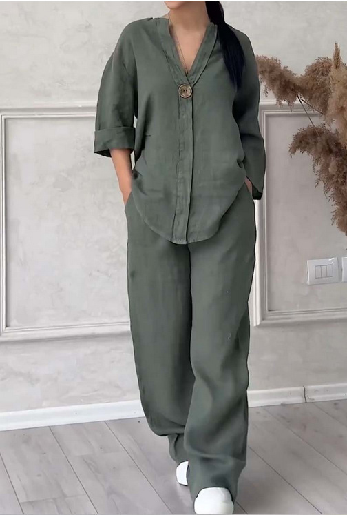 Picture of Amazon 2025 Europe and the United States cross-border new women's independent station AliExpress fashion solid color cotton casual suit pants