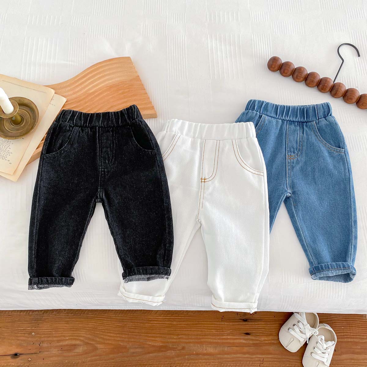 Picture of Ins Kidsren's Spring & Fall New Jeans for Boys and Girls 0-6 Years Old, Stylish Pure Color Pants, Simple Casual Pants, Soft