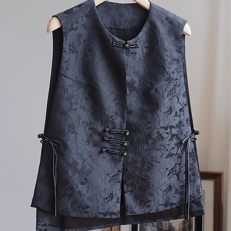 New Chinese Style Vest Women's 2023 Summer New Round Neck Sleeveless Retro National Style Jacquard Vest Black Top