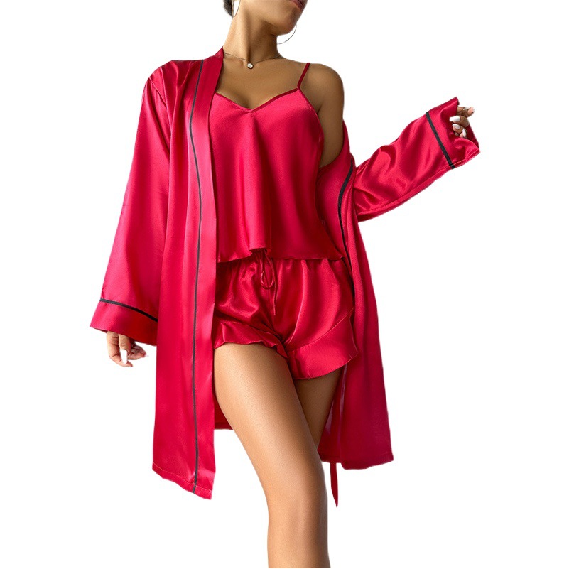 Denilyn Cross-border Ice Silk Pajamas Women's Sling Shorts Nightgown Three-piece Set Summer Comfortable Outer Wearing Home Clothes