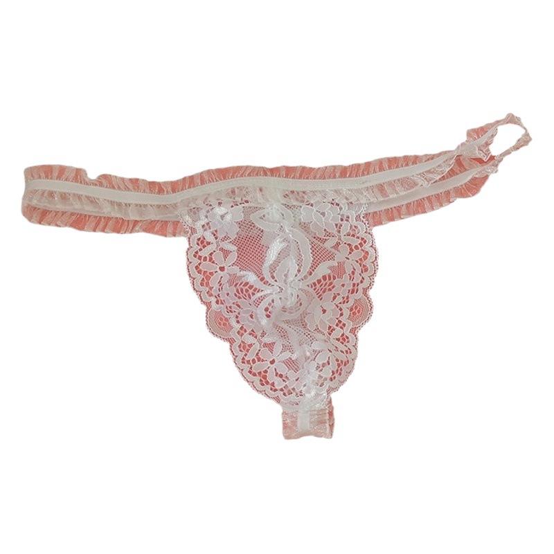 Sexy Lace Sex Underwear Men's Thong Pocket Design Retro Hollow Pattern Women's Perspective T-Trousers