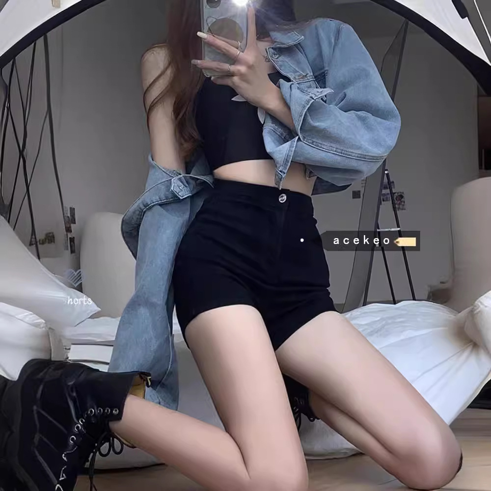Black Denim Shorts Women's Summer Thin 2024 New High Waist Loose A- Word Ultra Short Tight Hot Pants Spice Girls