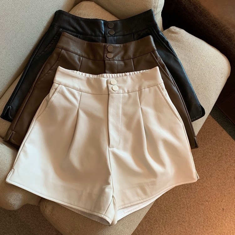 Picture of Black PU leather shorts for women, 2025 new spring/autumn hot girl casual high-waist slimming loose wide-leg shorts
