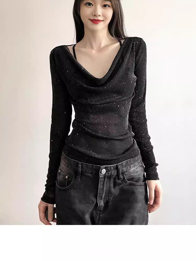 Picture of Original Fabric Unique and Chic Sequin Long-sleeved Women's Design Sense Fashion Micro-transparent Slim-fit Slimming Spice Girl Top Trendy