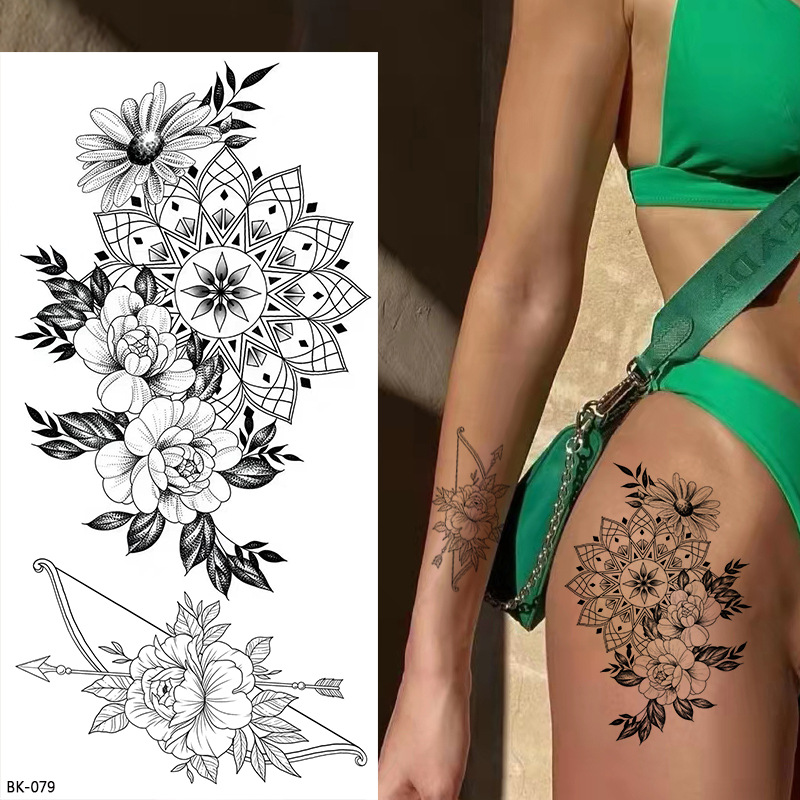 Picture of Cross-Border Supply of Sketch Flower Tattoo Stickers, Sketch Tattoo Stickers, Rose Flower Black and White Flower Tattoo