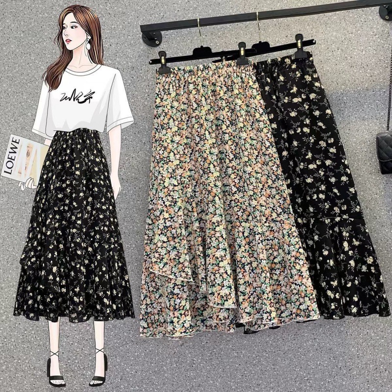 plus size Women's Fashionable Summer New Arrival Loose Waist Chiffon Floral Skirt Hip Covering Slimming Irregular A- Line Skirt