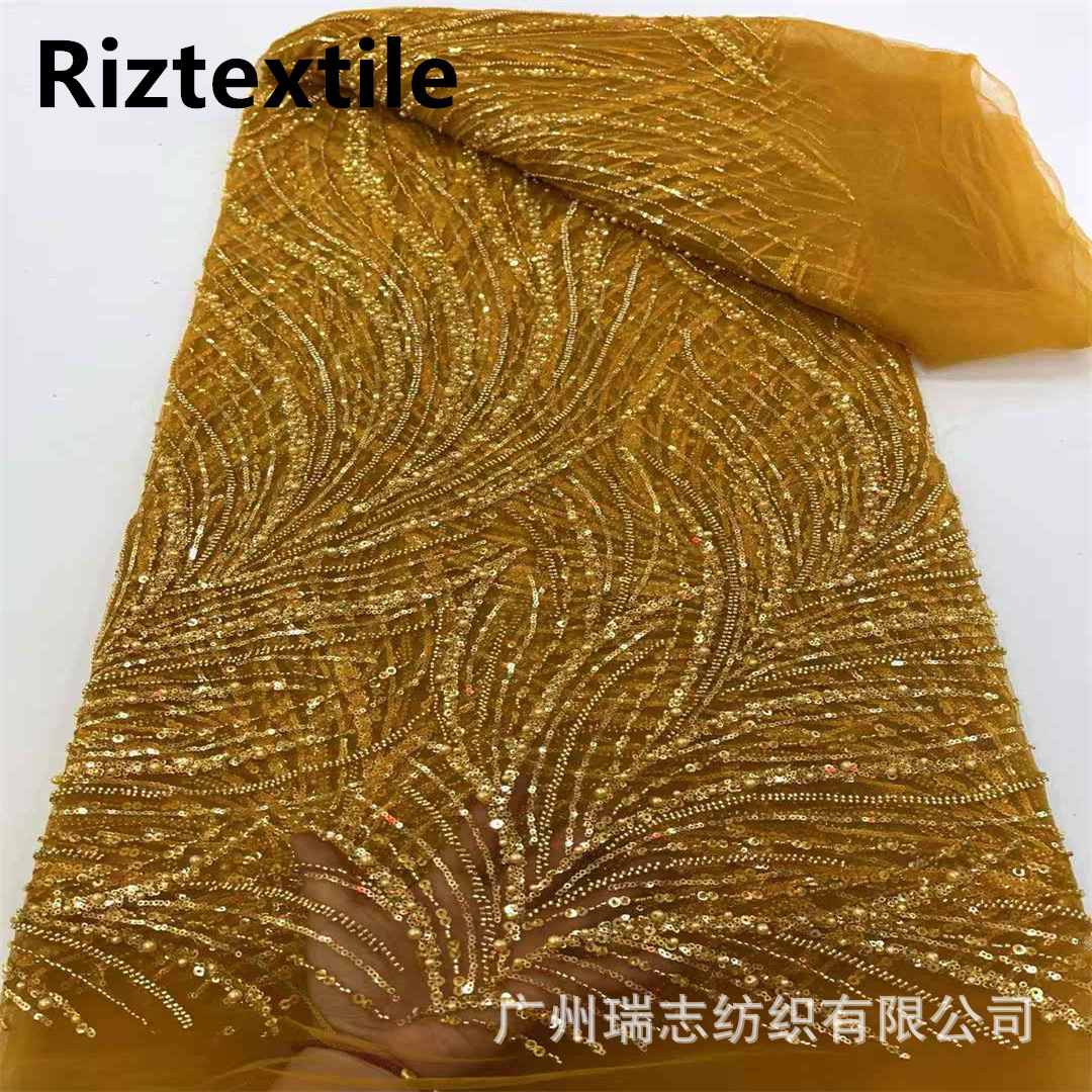 Mesh lace Embroidery Sequin Embroidery European Style Wedding Dress Dinner Dress Fashion Bead Tube Fabric Palace Style Cheongsam lace