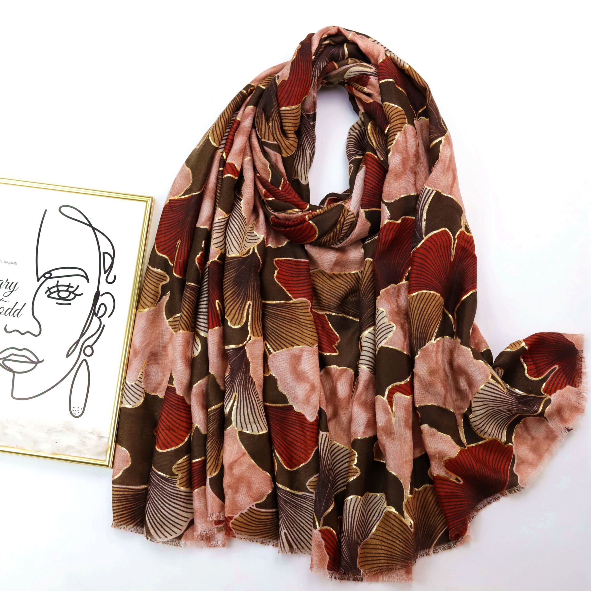 Picture of Factory Sold Cross-border Foreign Trade Bronzing Color Ginkgo Printed Long Scarf Satin Cotton Women's Autumn and Winter Scarf Warm Sunscreen Shawl