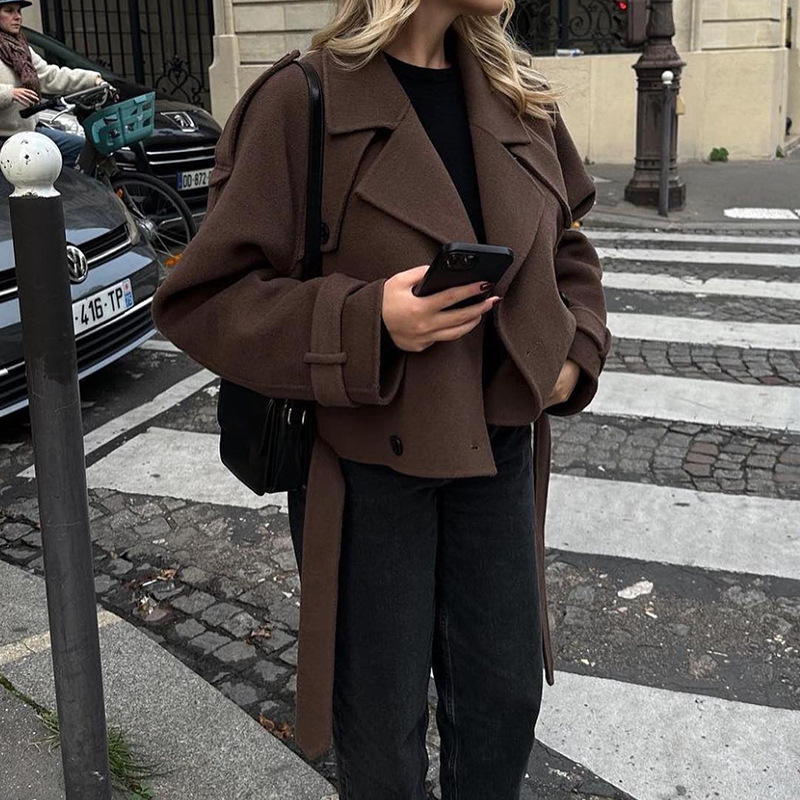 Picture of European and American cross-border 2023 autumn and winter women's woolen coat personality Street suit collar lace-up long-sleeved jacket coat for women