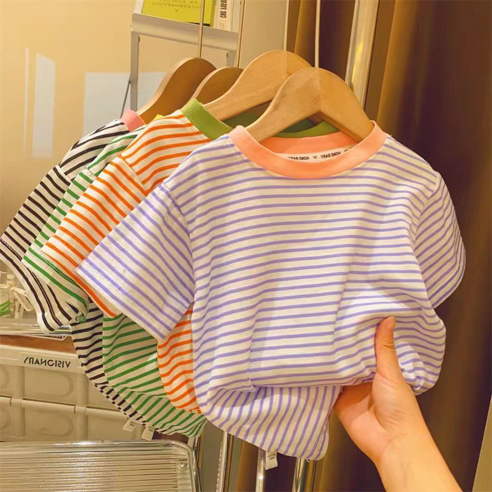 Picture of Girls Summer Short-sleeved 2024 New Cotton Striped Round Neck Casual T-shirt Baby Thin Half-sleeved Base Shirt Trendy