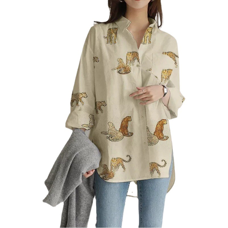 Cross-border Amazon AliExpress 2023 Women's long sleeve button casual loose shirt top leopard print shirt