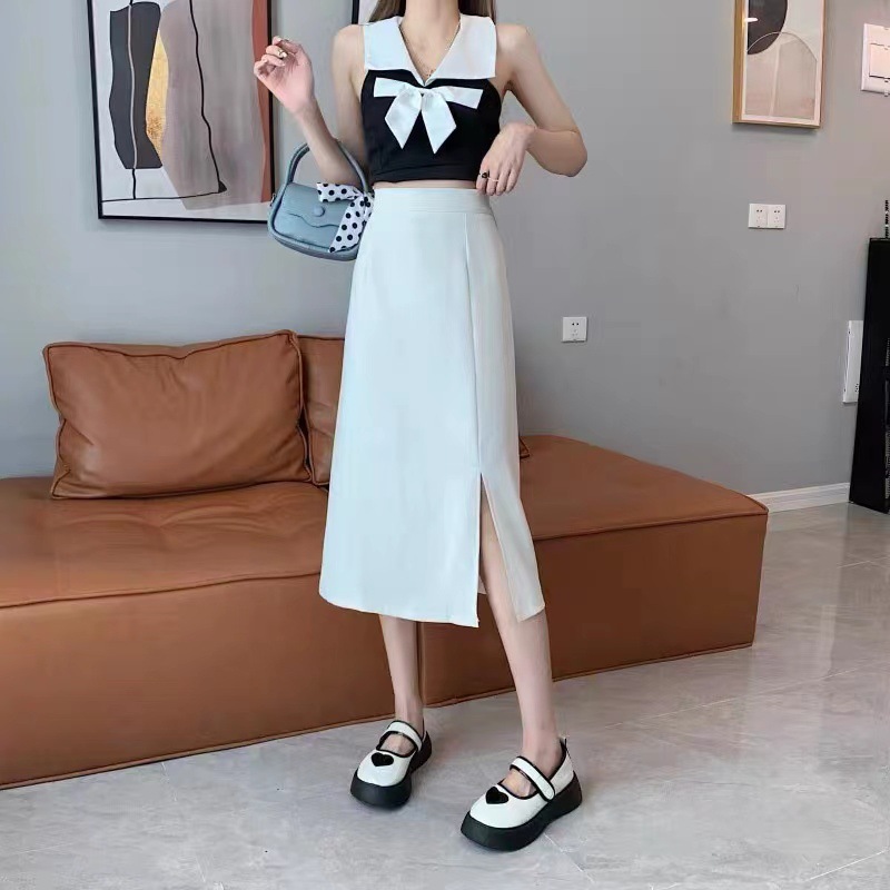 Picture of Black skirt women's draping skirt split mid-length spring and summer design high waist small A- line over-the-knee dress