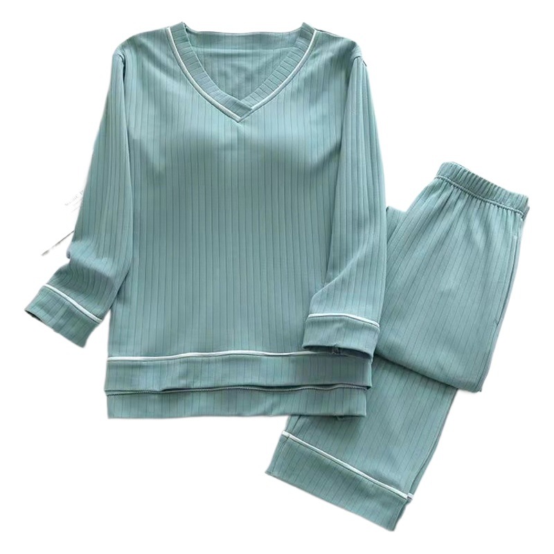 Manufacturer Wholesale New Pure Cotton V-Neck Ribbed Knit Fabric Women's Long-Sleeved Long Pants Loungewear Set Two-Piece Set