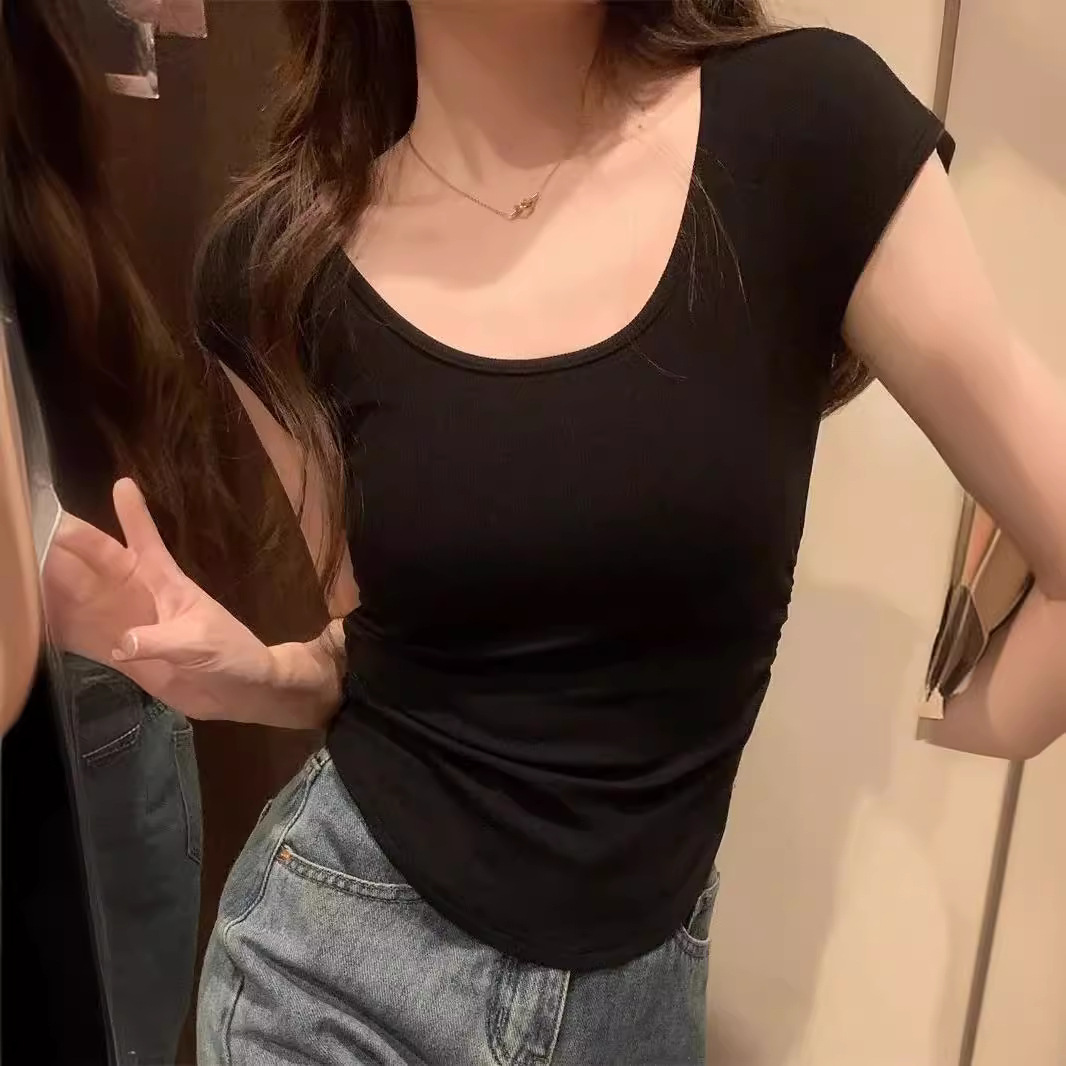 Super Hand-feel Modal American-style Slim-fit Pleated Short-sleeved T-shirt Women's Summer New High Waist Short Slim-fit Top